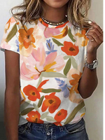 Loose Short Sleeve Crew Neck Floral Casual Regular T-Shirt