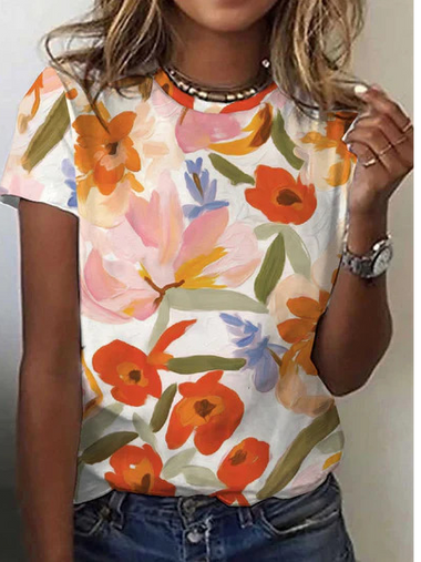 Loose Short Sleeve Crew Neck Floral Casual Regular T-Shirt
