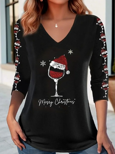 Casual Long Sleeve V Neck Christmas Loose Regular T-Shirt
