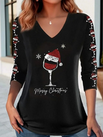 Casual Long Sleeve V Neck Christmas Loose Regular T-Shirt
