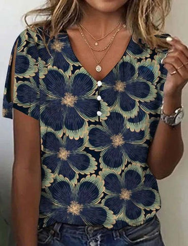 Casual Short Sleeve V Neck Floral Loose Regular T-Shirt