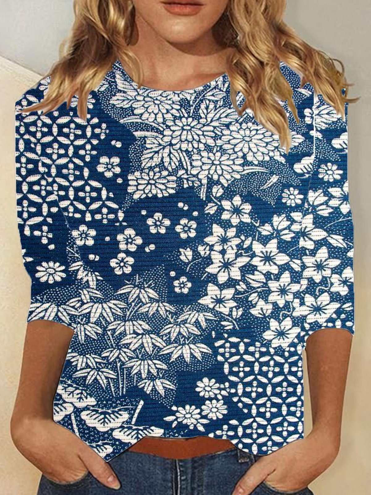 Casual Long Sleeve Crew Neck Ethnic Floral Loose Regular T-Shirt