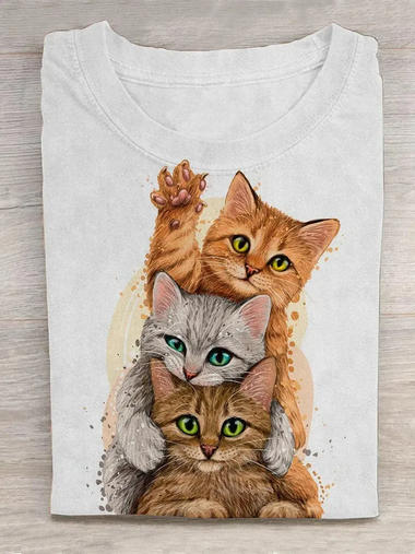 Casual Long Sleeve Crew Neck Cat Loose Regular T-Shirt