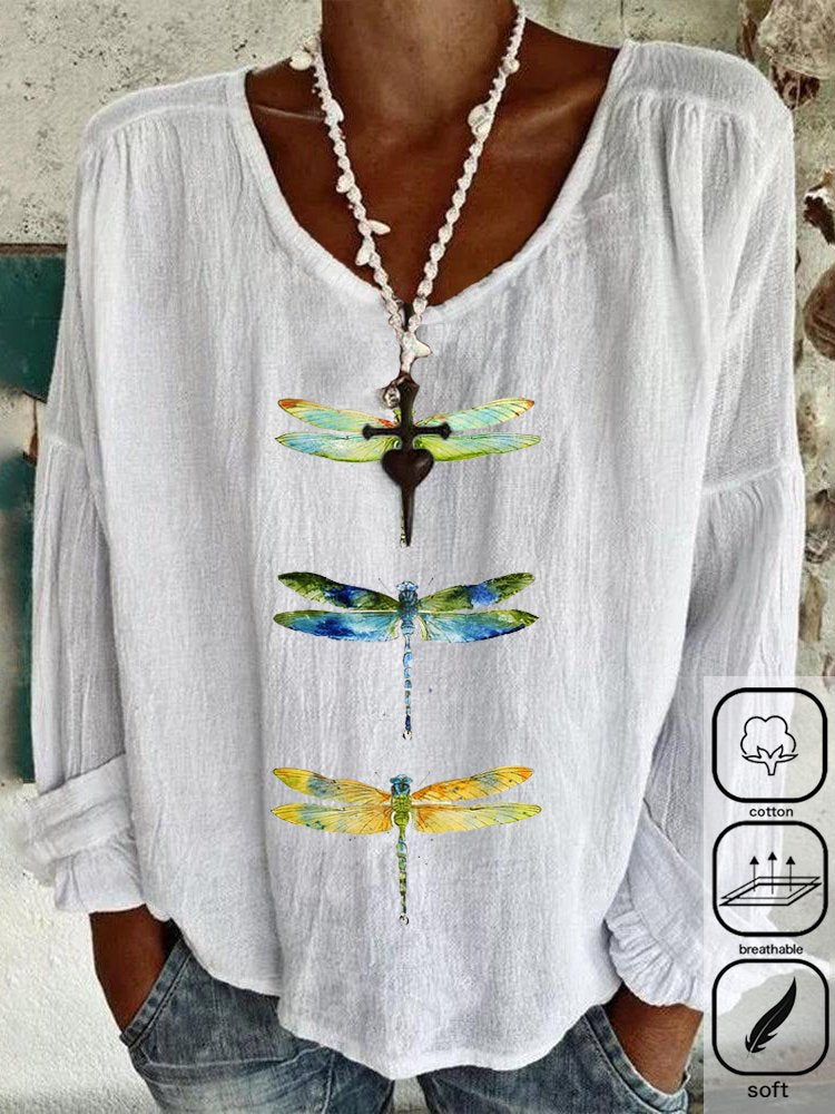 Loose Long Sleeve Crew Neck Dragonfly Casual Regular Blouse