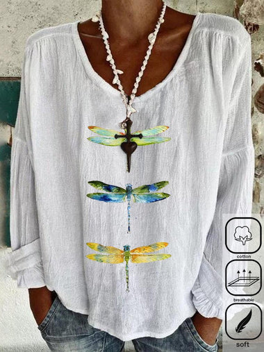 Loose Long Sleeve Crew Neck Dragonfly Casual Regular Blouse