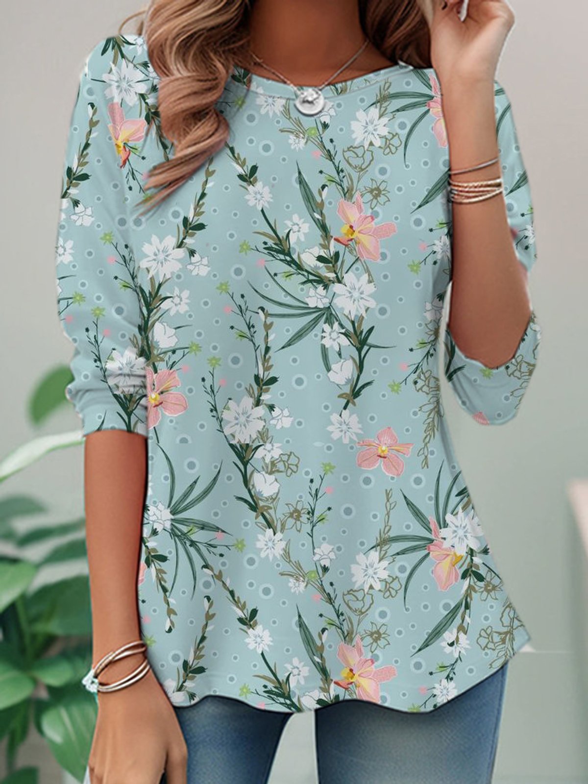 Casual Long Sleeve Crew Neck Floral Loose Regular T-Shirt