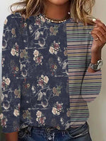 Loose Long Sleeve Crew Neck Striped Floral Casual Regular T-Shirt