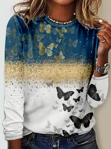 Casual Long Sleeve Crew Neck Color Block Loose Regular T-Shirt