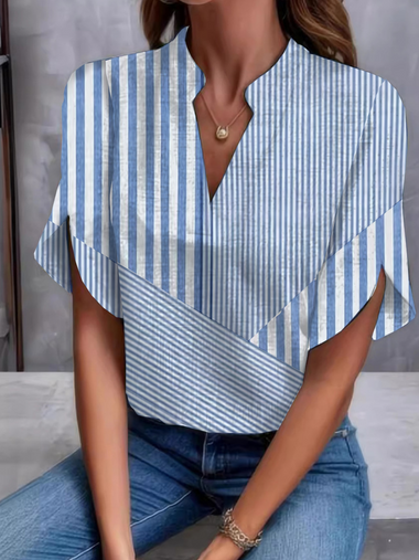 Casual Half Sleeve V Neck Striped Split Joint Loose Regular Blouse