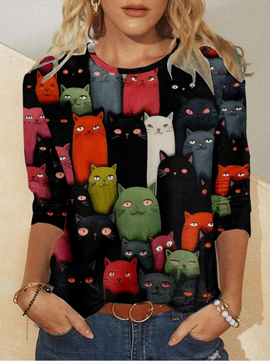 Casual Long Sleeve Crew Neck Cat Regular Blouse
