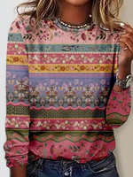 Casual Long Sleeve Crew Neck Geometric Loose Regular T-Shirt