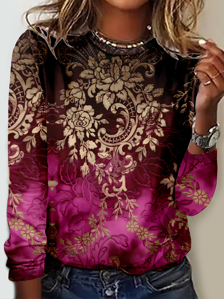 Loose Long Sleeve Crew Neck Ethnic Casual Regular T-Shirt