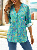 Casual Long Sleeve V Neck Abstract Loose Regular Shirt