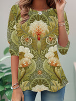 Loose Long Sleeve Crew Neck Leaf Casual Regular T-Shirt