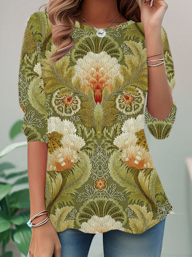 Loose Long Sleeve Crew Neck Leaf Casual Regular T-Shirt