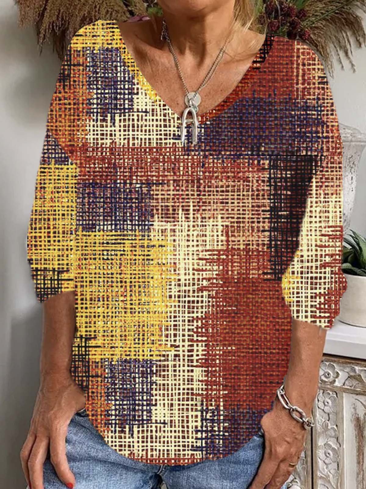 Casual Long Sleeve V Neck Geometric Loose Regular T-Shirt