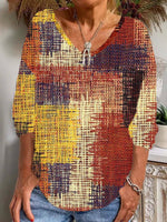Casual Long Sleeve V Neck Geometric Loose Regular T-Shirt