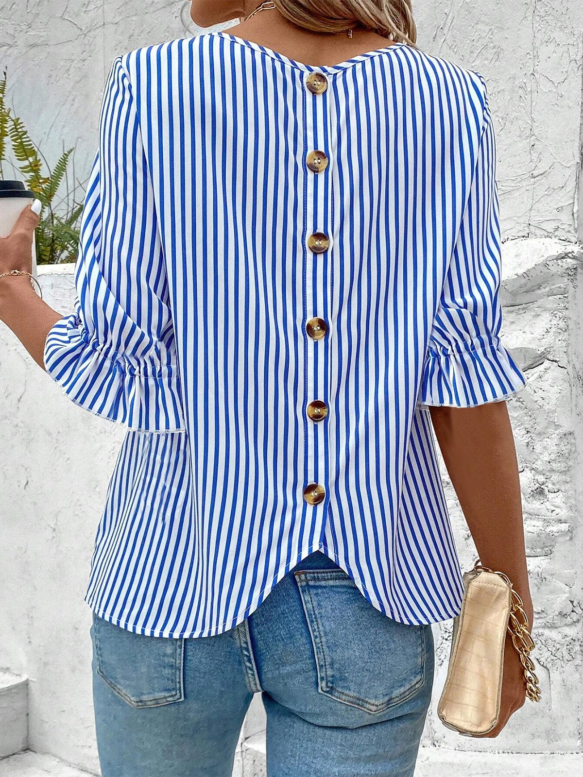 Simple Half Sleeve Crew Neck Striped Loose Regular Blouse