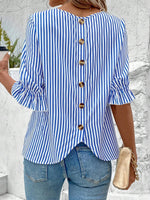 Simple Half Sleeve Crew Neck Striped Loose Regular Blouse