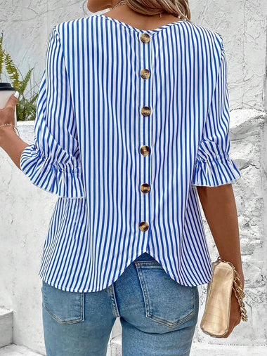 Simple Half Sleeve Crew Neck Striped Loose Regular Blouse