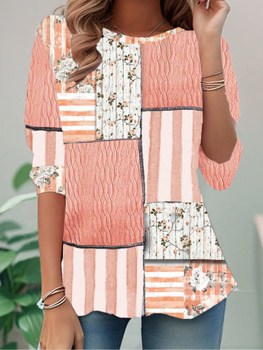 Casual Long Sleeve Crew Neck Floral Loose Regular T-Shirt