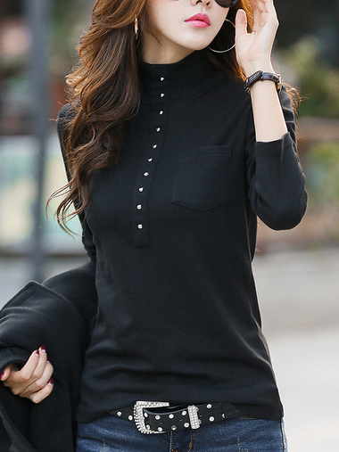 Casual Long Sleeve Turtleneck Plain Loose Regular Blouse