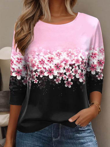 Casual Long Sleeve Crew Neck Floral Loose Regular Blouse