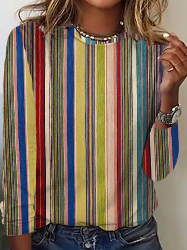 Casual Long Sleeve Crew Neck Striped Loose Regular T-Shirt