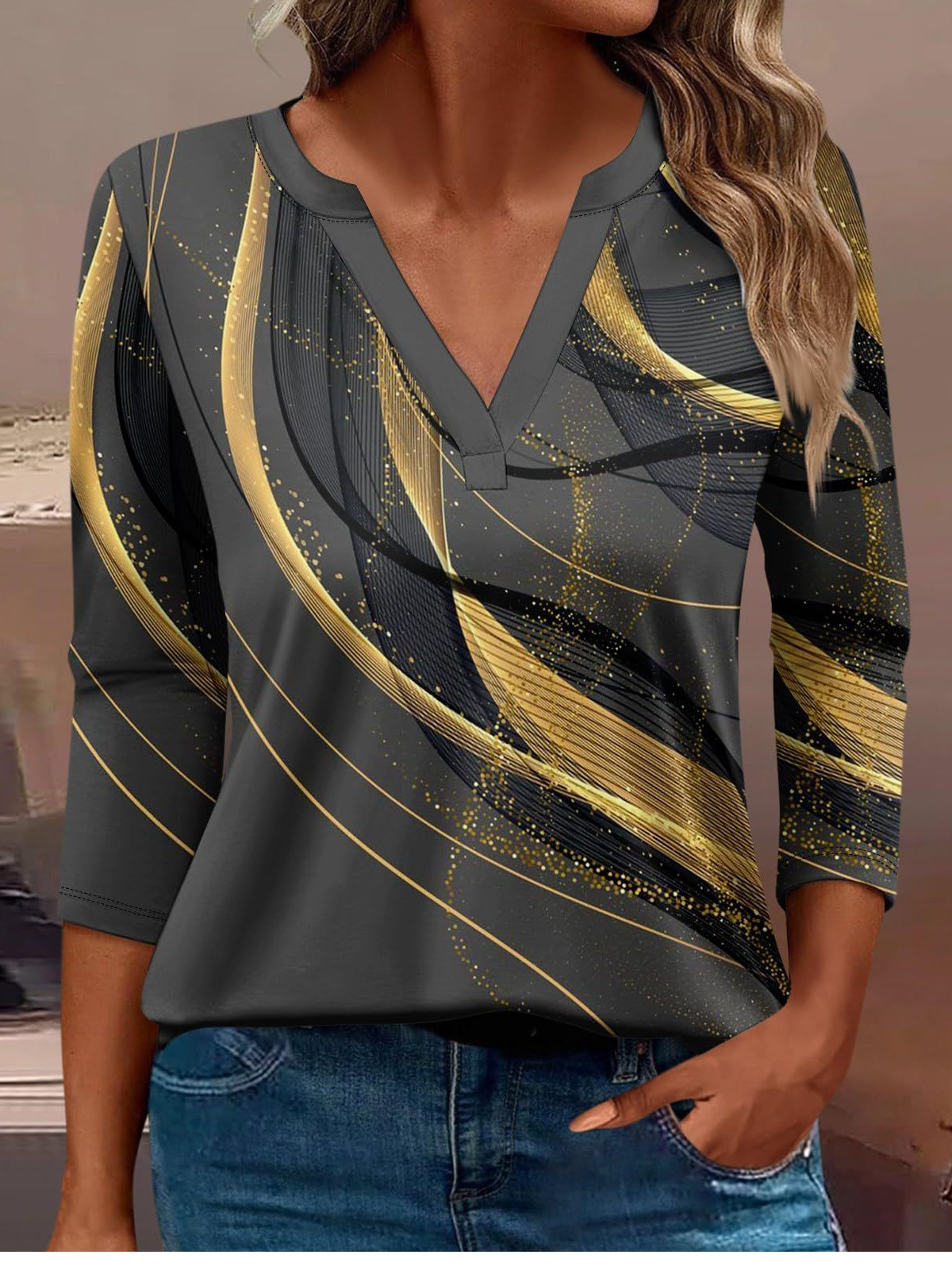 Loose Long Sleeve V Neck Abstract Casual Regular T-Shirt