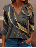 Loose Long Sleeve V Neck Abstract Casual Regular T-Shirt