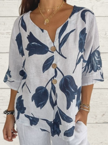 Casual Three Quarter Sleeve Crew Neck Floral Loose Regular Blouse
