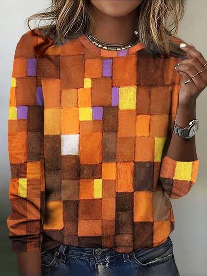 Loose Long Sleeve Crew Neck Geometric Casual Regular T-Shirt