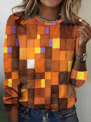 Loose Long Sleeve Crew Neck Geometric Casual Regular T-Shirt