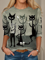 Casual Long Sleeve Crew Neck Cat Loose Regular T-Shirt
