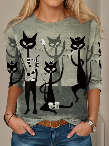 Casual Long Sleeve Crew Neck Cat Loose Regular T-Shirt