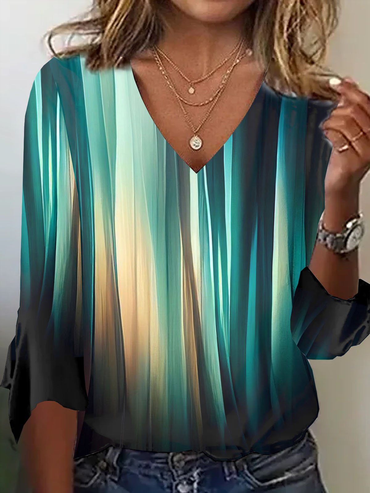 Casual Three Quarter Sleeve V Neck Abstract Loose Regular T-Shirt