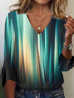 Casual Three Quarter Sleeve V Neck Abstract Loose Regular T-Shirt