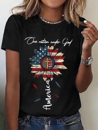 Loose Short Sleeve Crew Neck America Flag Casual Regular T-Shirt