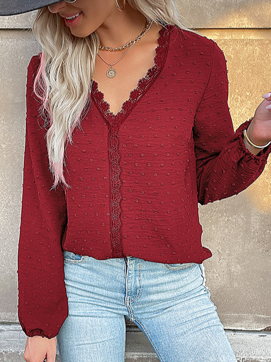 Casual Long Sleeve V Neck Plain Loose Regular Blouse
