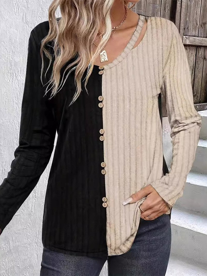 Casual Long Sleeve V Neck Color Block Loose Regular Blouse