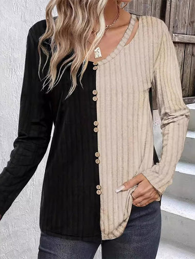 Casual Long Sleeve V Neck Color Block Loose Regular Blouse