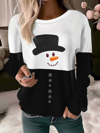Casual Long Sleeve Crew Neck Christmas Snowman Loose Regular Sweatshirt