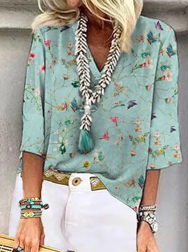 Casual Short Sleeve V Neck Floral Loose Regular Blouse