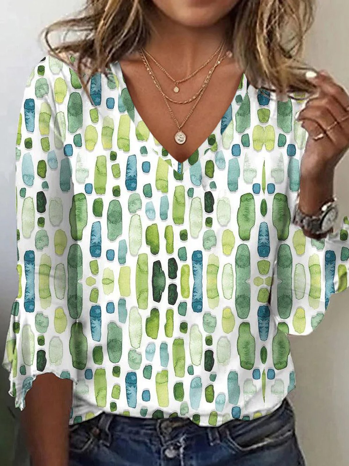 Loose Three Quarter Sleeve V Neck Abstract Geometry Casual Regular T-Shirt