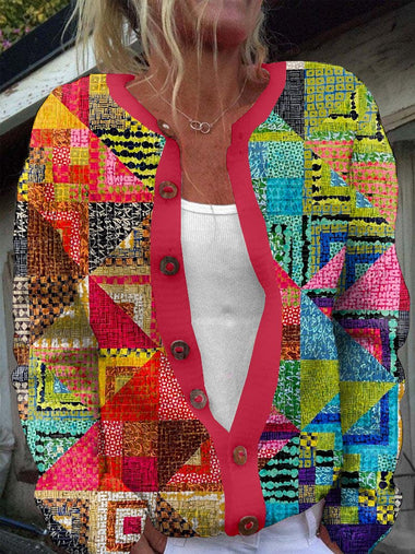 Vintage Long Sleeve Multicolor Block Loose Regular Sweater