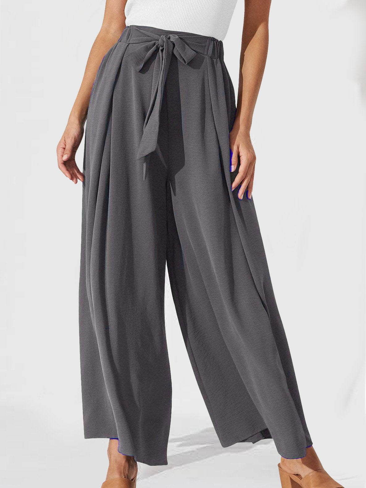 Casual Plain Knot Front Loose Ankle Pants