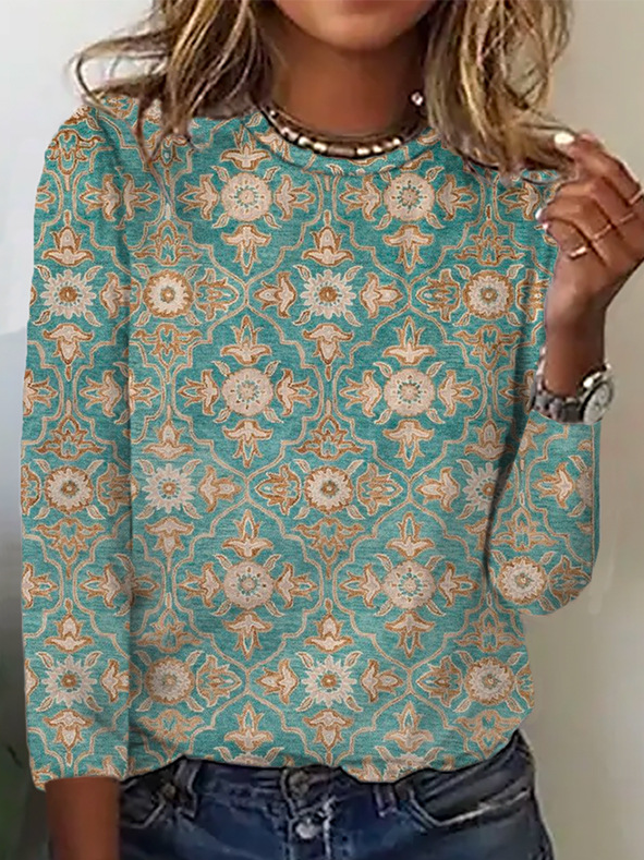 Casual Long Sleeve Crew Neck Ethnic Loose Regular T-Shirt