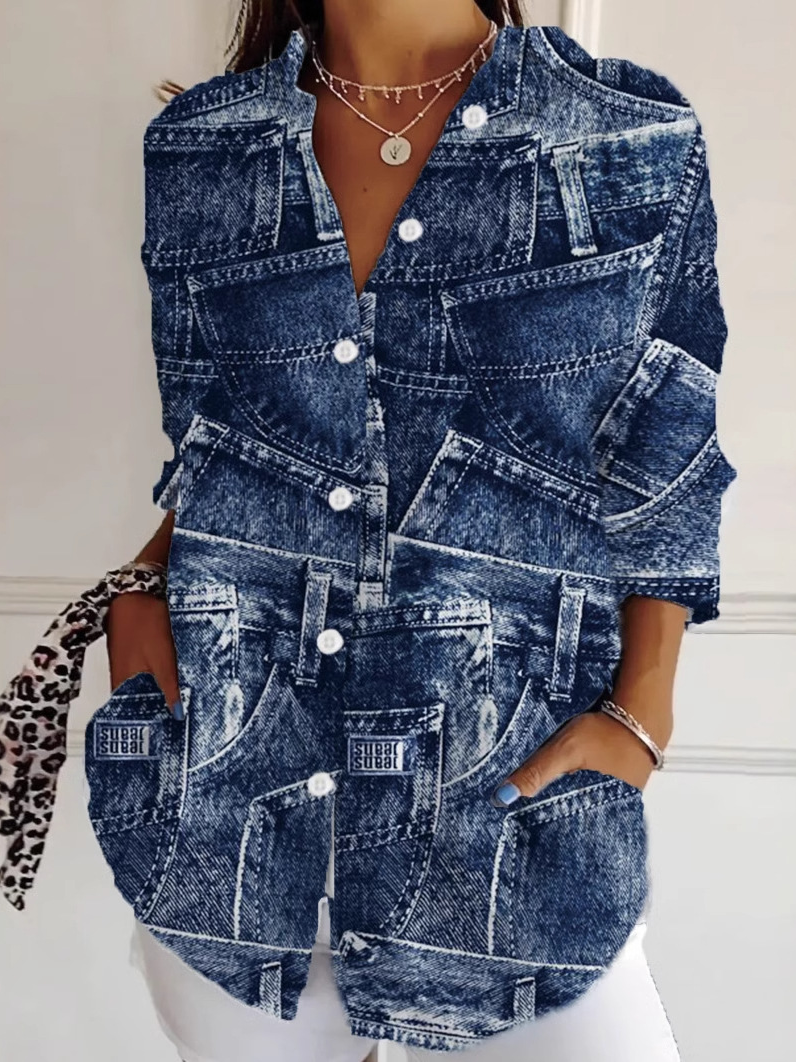 Casual Long Sleeve Shirt Collar Geometric Floral Loose Regular Shirt