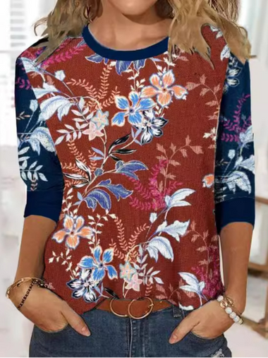 Loose Long Sleeve Crew Neck Floral Casual Regular T-Shirt
