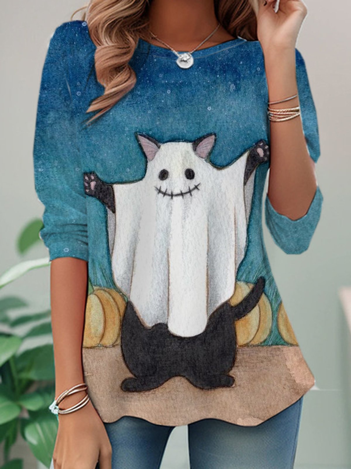 Casual Long Sleeve Crew Neck Halloween Loose Regular T-Shirt